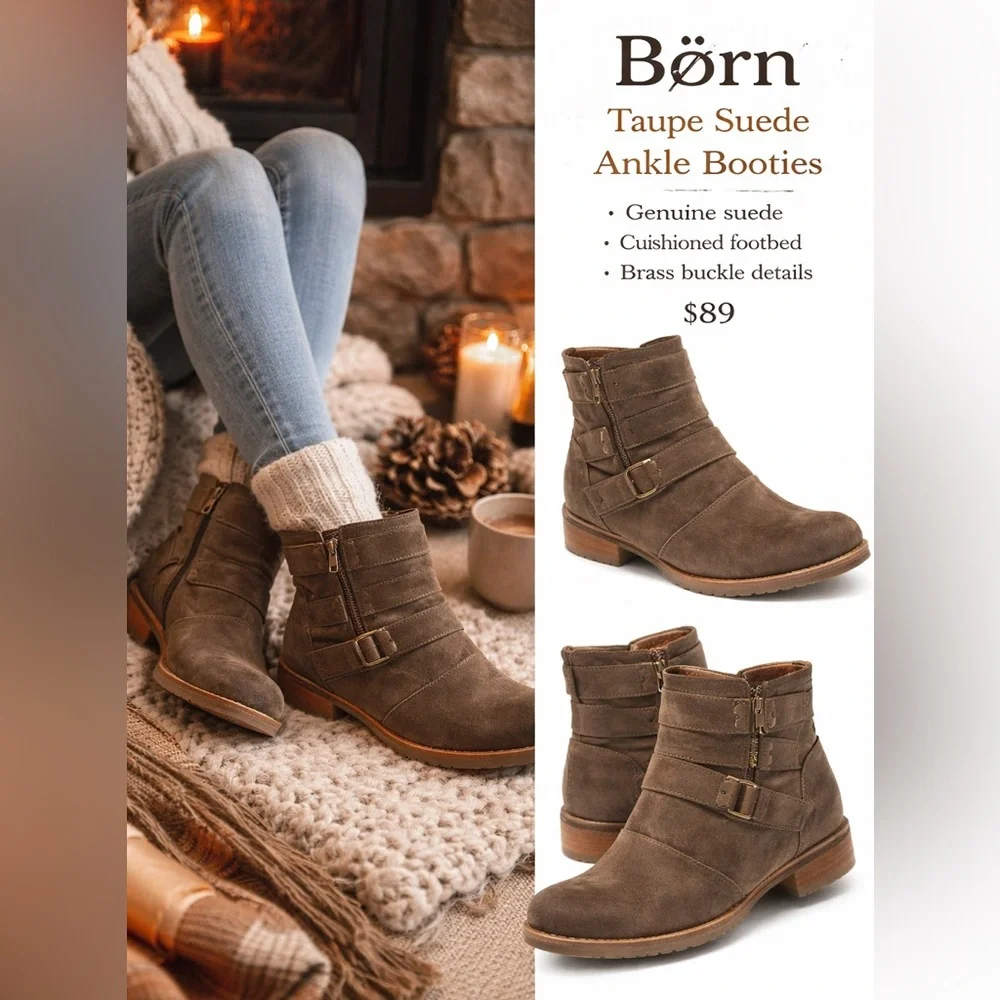 Born Brown Taupe Suede Ankle Boots with Brass Buckle Detail Woman’s Size 8